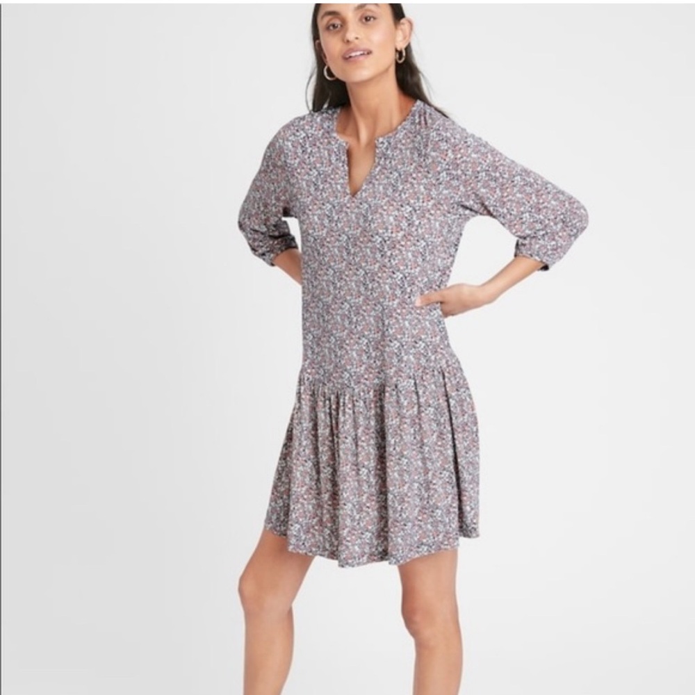 Banana Republic Dress Women's Medium Pink/Blue Bird-eye Flounce-Hem Shift Dress